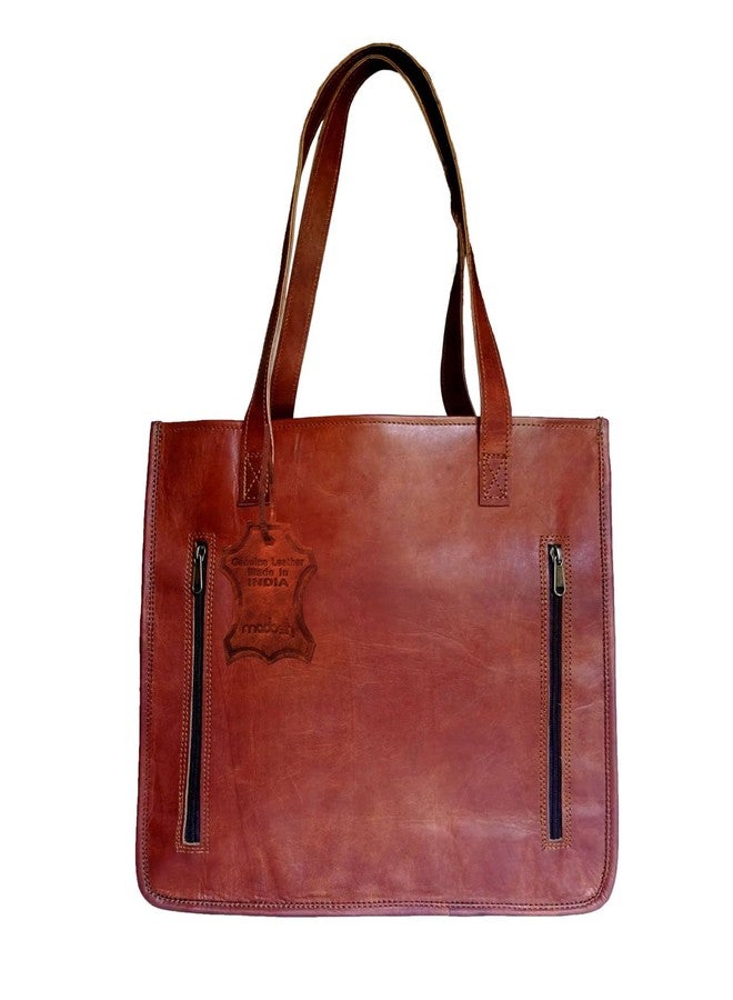 Madosh Genuine Leather Tote Bag for Women - Handmade Vintage Shoulder Bag with Double Handles, Large Capacity Office Bag, Brown Crossbody Purse with Zip Pockets - Image 1